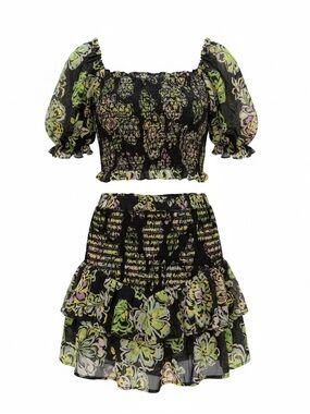 Floral Smocked Mini Dress Set in Black & Green
